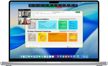16-inch MacBook Pro met M4 met een zakelijk Zoom-gesprek waarbij een van de deelnemers een Excel-venster met gegevens en tabellen deelt