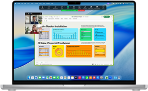 16-inch MacBook Pro met M4 met een zakelijk Zoom-gesprek waarbij een van de deelnemers een Excel-venster met gegevens en tabellen deelt