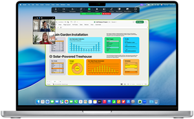 16-inch MacBook Pro met M4 met een zakelijk Zoom-gesprek waarbij een van de deelnemers een Excel-venster met gegevens en tabellen deelt