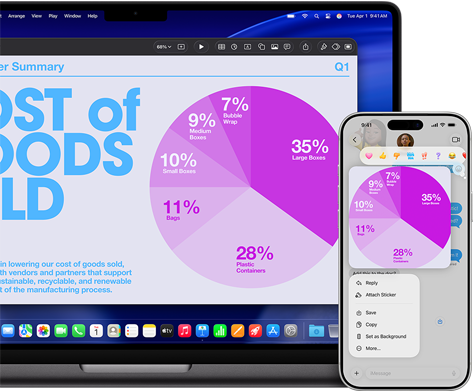 14-inch MacBook Pro met M5 en iPhone 17 Pro Max met een Keynote-presentatie met een cirkeldiagram die via Continuïteit op verschillende devices wordt weergegeven