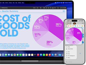 14-inch MacBook Pro met M5 en iPhone 17 Pro Max met een Keynote-presentatie met een cirkeldiagram die via Continuïteit op verschillende devices wordt weergegeven