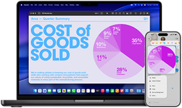 14-inch MacBook Pro met M5 en iPhone 17 Pro Max met een Keynote-presentatie met een cirkeldiagram die via Continuïteit op verschillende devices wordt weergegeven