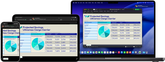 Schermen van iPhone 17 Pro, 11‑inch iPad Pro met M4 en MacBook Pro met M4 met dezelfde Microsoft Excel-spreadsheet met gegevens die worden weergegeven als cirkeldiagram en in tabellen