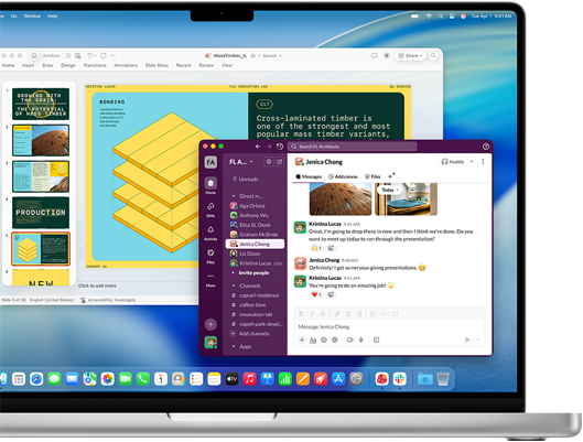 Een venster met een PowerPoint-presentatie en een ander venster met Slack op een 16‑inch MacBook Pro met M4