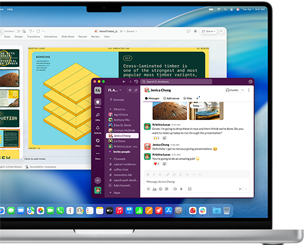 Een venster met een PowerPoint-presentatie en een ander venster met Slack op een 16‑inch MacBook Pro met M4