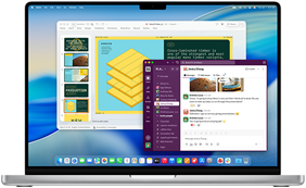 Een venster met een PowerPoint-presentatie en een ander venster met Slack op een 16‑inch MacBook Pro met M4