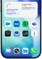 Beginscherm van iPhone met verschillende zakelijke en productiviteitsapps, met een gedetailleerd werkschema in Apple Agenda