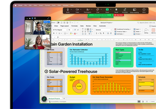 Graphs, charts, and a video call are open and active on a 16-inch MacBook Pro to demonstrate the compability of macOS with Microsoft Excel and Zoom