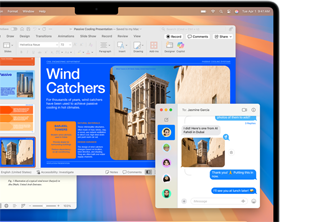 From the Messages app, a photo is inserted into a Microsoft Word report open in a 13-inch MacBook Air to demonstrate the intuitive design of Mac and its similarity to iPhone