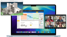 Verschillende schermen demonstreren het gemak van het gebruiken van meerdere apps tegelijk, waaronder webpagina’s in Safari, een videogesprek in Zoom en een bestand in SketchUp, op MacBook Air