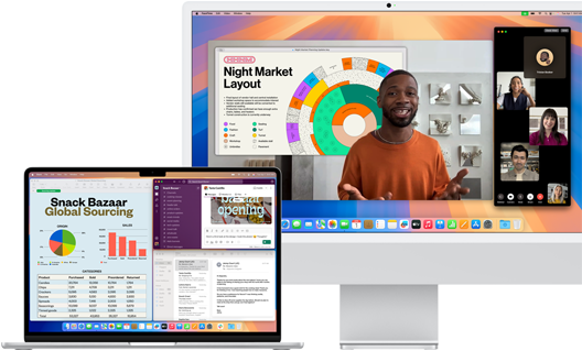 Een opengeklapte, zilverkleurige 15-inch MacBook Air met Mail, Numbers en Slack, naast een 24‑inch iMac met een Keynote-presentatie in FaceTime