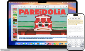Een opengeklapte Apple laptop met iPhone op de voorgrond. Op de iPhone is in Notities gemarkeerde tekst te zien, die de gemarkeerde tekst op de Apple laptop repliceert.