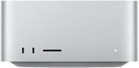 Mac Studio, front, two USB-C ports, SDXC card slot, status indicator light, tapered base at bottom, flat top, rounded sides, straight edges, silver colour