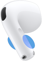 Buitenkant van AirPods 5, met blauwe cirkels die aangeven waar je de steel moet aanraken om het volume te regelen