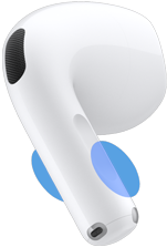 Buitenkant van AirPods 5, met blauwe cirkels die aangeven waar je de steel moet aanraken om het volume te regelen