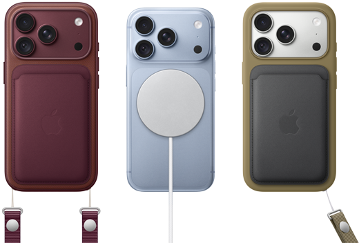 Van links naar rechts, iPhone 18 Pro met een leren hoesje in Bordeauxrood met Bordeauxrood polsbandje, middelste iPhone 18 Pro in de kleur Gletsjer met Witte MagSafe-oplader eraan vast, rechter iPhone 18 Pro in de kleur Zilver in een Groene leren kaarthouder met polsbandje