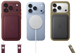 Van links naar rechts, iPhone 18 Pro met een leren hoesje in Bordeauxrood met Bordeauxrood polsbandje, middelste iPhone 18 Pro in de kleur Gletsjer met Witte MagSafe-oplader eraan vast, rechter iPhone 18 Pro in de kleur Zilver in een Groene leren kaarthouder met polsbandje