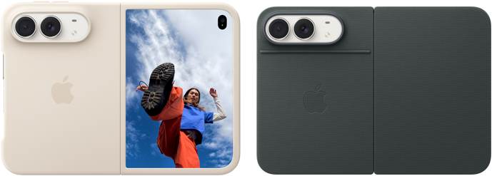 iPhone Duo, Star White colour in Sand Silicone Case, landscape orientation, fully opened horizontally, Dual Fusion cameras on the top left, case covers the back exterior and outer edge of the front display, right side features portrait of person on outer display. iPhone Duo, Star White colour, fully opened horizontally, Navy Blue Folio with Kickstand, fully opened horizontally, back exterior featuring the 48MP Dual Fusion rear cameras, two lenses