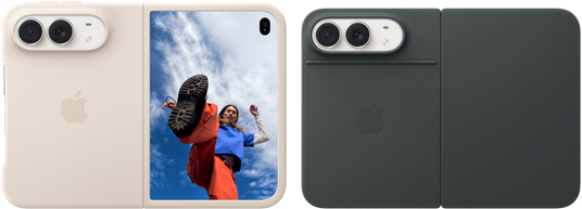 iPhone Duo, Star White colour in Sand Silicone Case, landscape orientation, fully opened horizontally, Dual Fusion cameras on the top left, case covers the back exterior and outer edge of the front display, right side features portrait of person on outer display. iPhone Duo, Star White colour, fully opened horizontally, Navy Blue Folio with Kickstand, fully opened horizontally, back exterior featuring the 48MP Dual Fusion rear cameras, two lenses