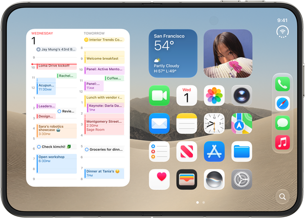 iPhone Duo, opened in landscape orientation, left show calendar widget, right shows iOS home screen