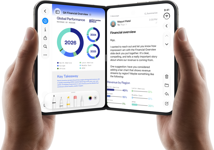 iPhone Duo, held by two hands in open landscape position, left shows a business document in Preview, right shows an email in Mail