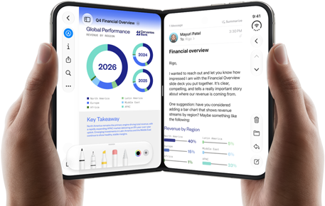 iPhone Duo, held by two hands in open landscape position, left shows a business document in Preview, right shows an email in Mail
