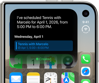 iPhone Duo, landscape orientation, folded, external screen displays Siri AI notification indicating a calendar update