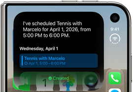 iPhone Duo, landscape orientation, folded, external screen displays Siri AI notification indicating a calendar update