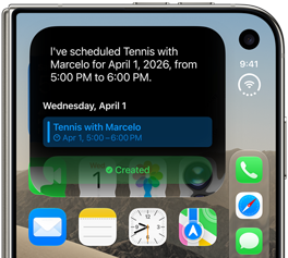 iPhone Duo, landscape orientation, folded, external screen displays Siri AI notification indicating a calendar update