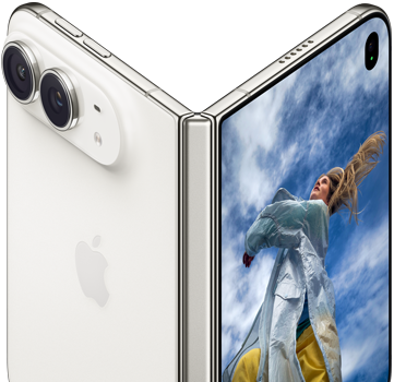 iPhone Duo, partially open like a book with hinge mechanism in the centre, exterior back panel on the left features an Apple logo and dual-camera, outer display on the right shows a portrait photo of a person with blonde hair