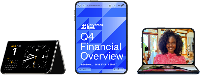 iPhone Duo, various positions: inverted open landscape orientation, unfolded at slight angle, exterior display, all-screen design. Open vertical orientation, screen displays a banking app. Open landscape orientation, unfolded at right angle, interior display, all-screen design.