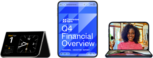 iPhone Duo, various positions: inverted open landscape orientation, unfolded at slight angle, exterior display, all-screen design. Open vertical orientation, screen displays a banking app. Open landscape orientation, unfolded at right angle, interior display, all-screen design.