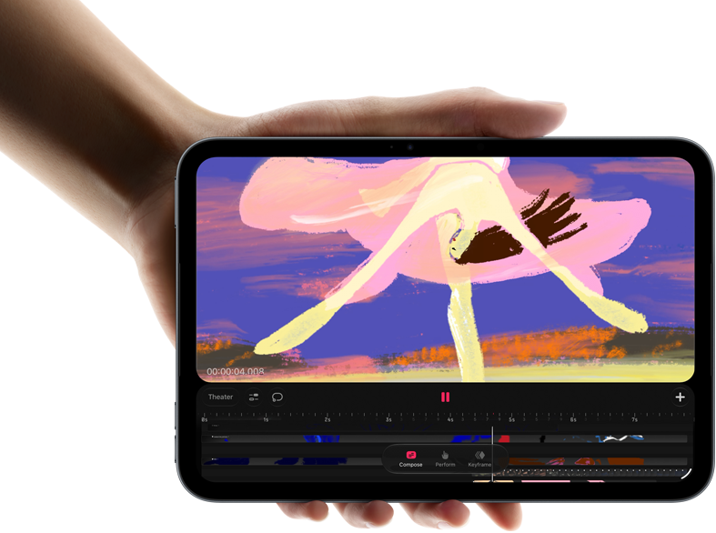 iPad mini, displayed in hand, front view, showing video editing interface with colorful clips, A20 Pro chip mentioned below