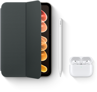 iPad mini, displayed with compatible accessories including Smart Folio for iPad mini (A20 Pro), Apple Pencil USB-C, and AirPods Pro 3
