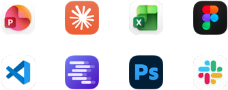 Appsymbolen voor Microsoft PowerPoint, Claude van Anthropic, Microsoft Excel, Figma, Visual Studio Code, LM Studio, Adobe Photoshop en Slack