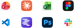 Appsymbolen voor Microsoft PowerPoint, Claude van Anthropic, Microsoft Excel, Figma, Visual Studio Code, LM Studio, Adobe Photoshop en Slack