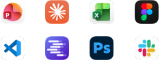 Appsymbolen voor Microsoft PowerPoint, Claude van Anthropic, Microsoft Excel, Figma, Visual Studio Code, LM Studio, Adobe Photoshop en Slack