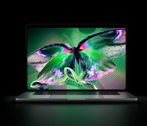 Opengeklapte MacBook Pro met PROLED XDR-display, kleur zilver, op het scherm staat een gedetailleerde afbeelding met hoog contrast en levendige kleuren, scherm verlicht het toetsenbord