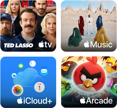 Vier tiles: de Apple TV-tile met personages uit de serie Ted Lasso, de Apple Music-tile met de cover van Davido’s album 5ive, de iCloud Plus-tile met een wolk omringd door appsymbolen voor Foto’s, Agenda, Mail, Herinneringen, Berichten en Bestanden, en de Apple Arcade-tile met personages uit de game Angry Birds