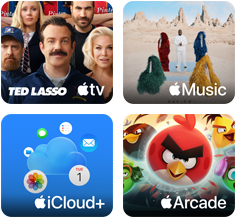Vier tiles: de Apple TV-tile met personages uit de serie Ted Lasso, de Apple Music-tile met de cover van Davido’s album 5ive, de iCloud Plus-tile met een wolk omringd door appsymbolen voor Foto’s, Agenda, Mail, Herinneringen, Berichten en Bestanden, en de Apple Arcade-tile met personages uit de game Angry Birds