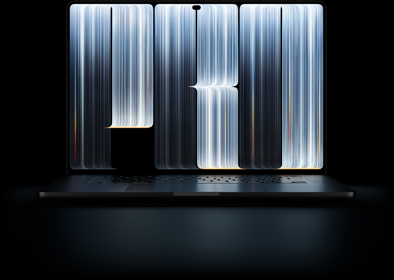 MacBook Pro met PROLED XDR-display, kleur spacezwart, op het scherm staan lintachtige objecten met een patroon van oplichtende strepen in verschillende breedtes die samen het woord Pro vormen