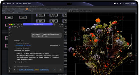 MacBook Pro met PROLED XDR-display, kleur spacezwart, op het scherm wordt een afbeelding gemaakt met TouchDesigner en LM Studio
