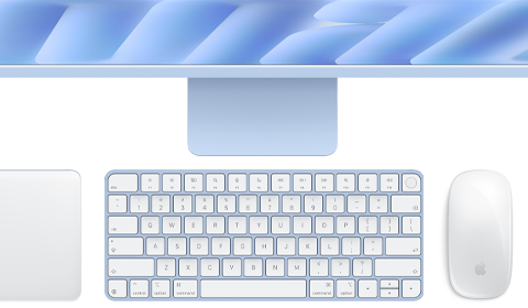 Magic Keyboard met Touch ID in de kleur blauw, Magic Trackpad en Magic Mouse