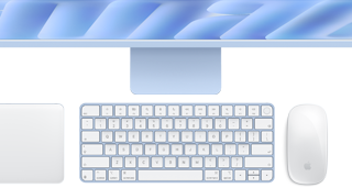 Magic Keyboard met Touch ID in de kleur blauw, Magic Trackpad en Magic Mouse