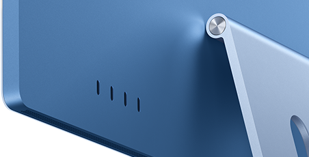 Achterkant van iMac in de kleur blauw, vier Thunderbolt 4-poorten