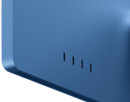 Achterkant van iMac in de kleur blauw, vier Thunderbolt 4-poorten