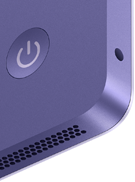 Achterkant van iMac in de kleur paars, met aan/uit-knop, mini-jack-aansluiting en speakermateriaal