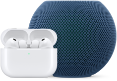 AirPods Pro in geopende oplaadcase in de kleur wit en HomePod mini in de kleur blauw
