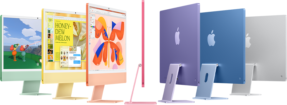 Zeven iMac-modellen in de kleuren groen, geel, oranje, roze, paars, blauw en zilver die worden uitgevouwen als een accordeon