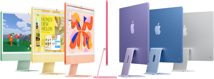 Zeven iMac-modellen in de kleuren groen, geel, oranje, roze, paars, blauw en zilver die worden uitgevouwen als een accordeon